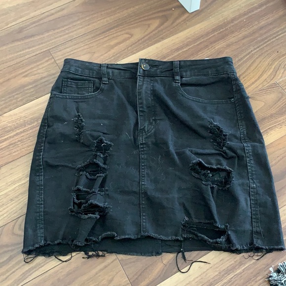 Frayed Hem Black Denim Mini Skirt - Picture 1 of 4